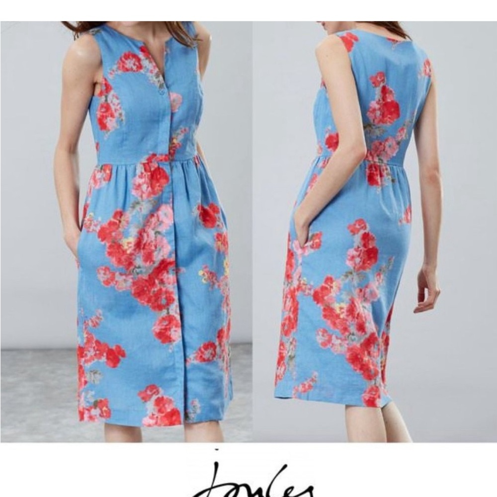 Joules Lisia floral dress blue with pink floral size 4 classic linen nwt